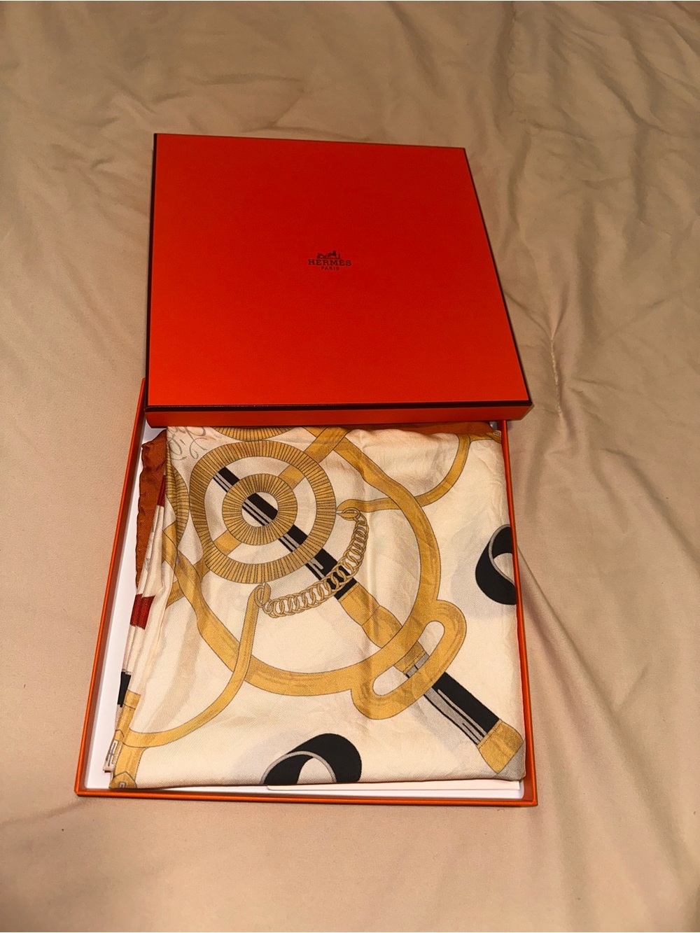 Hermes Silk Scarf in White, Gold & Black